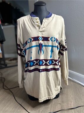 Cream Boho Aztec Long Sleeve Henley with Blue & Burgundy Print
